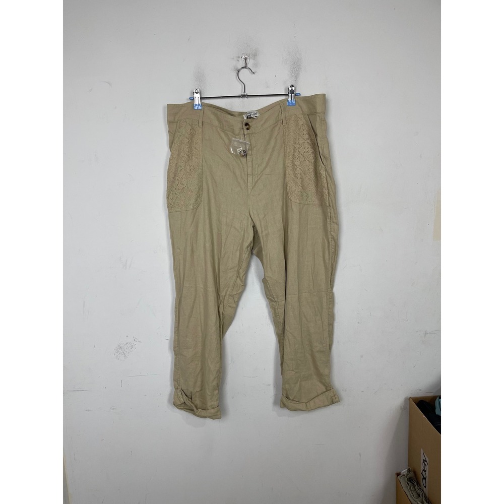 Coldwater Creek Women 18 Beige Linen Blend Lace Pocket Tapered Crop Pants 602787